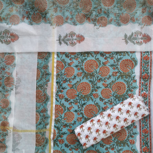 Designer Hand Block Print Cotton Suit Set with Kota Doria Dupatta (3CKD56)